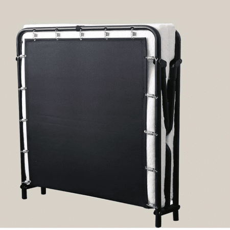 Folded Leisuit Foldaway Guest Bed Cot with steel frame and memory foam mattress for compact storage.